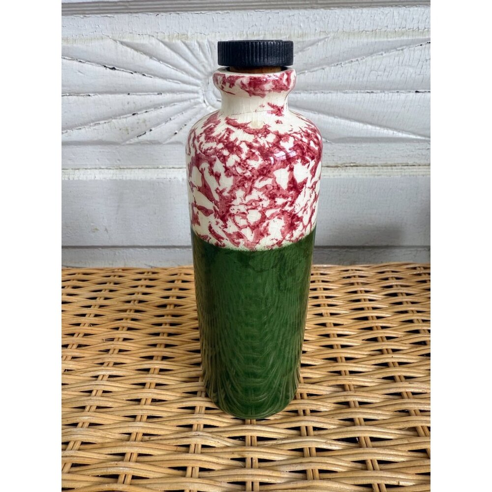 Vintage 30's Spongeware Ceramic Bottle With Cork Stopper Green Red